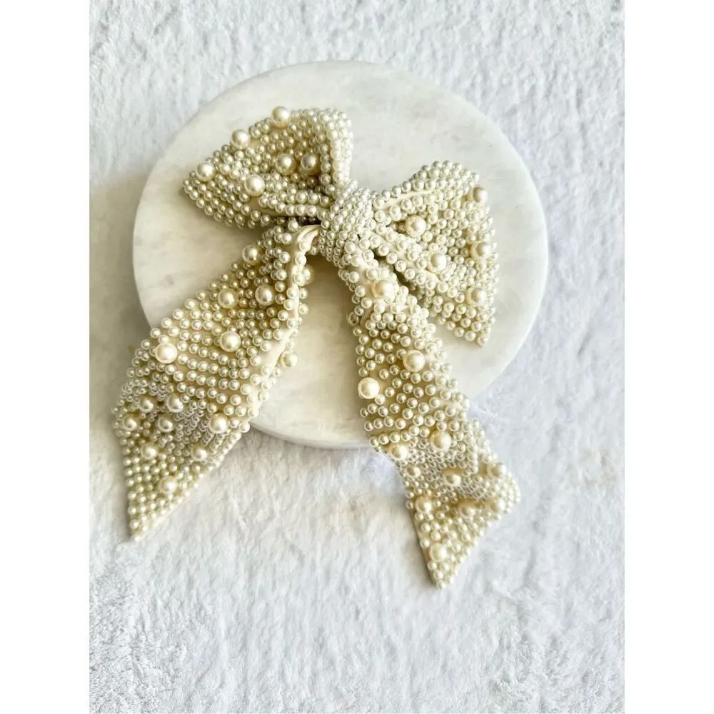 Stunning studded pearl bridal hair bow with barette snap clothes ￼